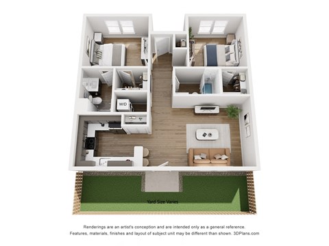 Floor plan for 2 beds, 2 baths, 954 sqft